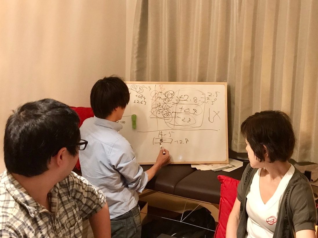 泳ぎの気づきをホワイトボードで言葉にするミーティング